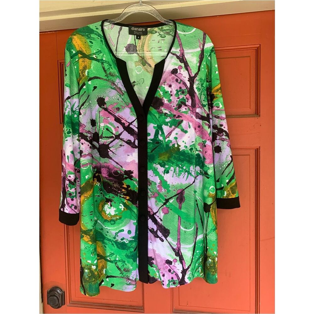 Vintage Dianaira Designer Abstract Print Button Cardigan - Green & Lilac